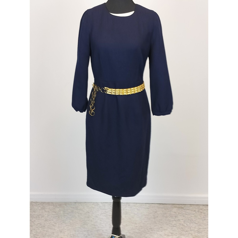J.Crew 100% Wool Tailored Sheath Dress‎ Navy Blue Puff Sleeve Professional